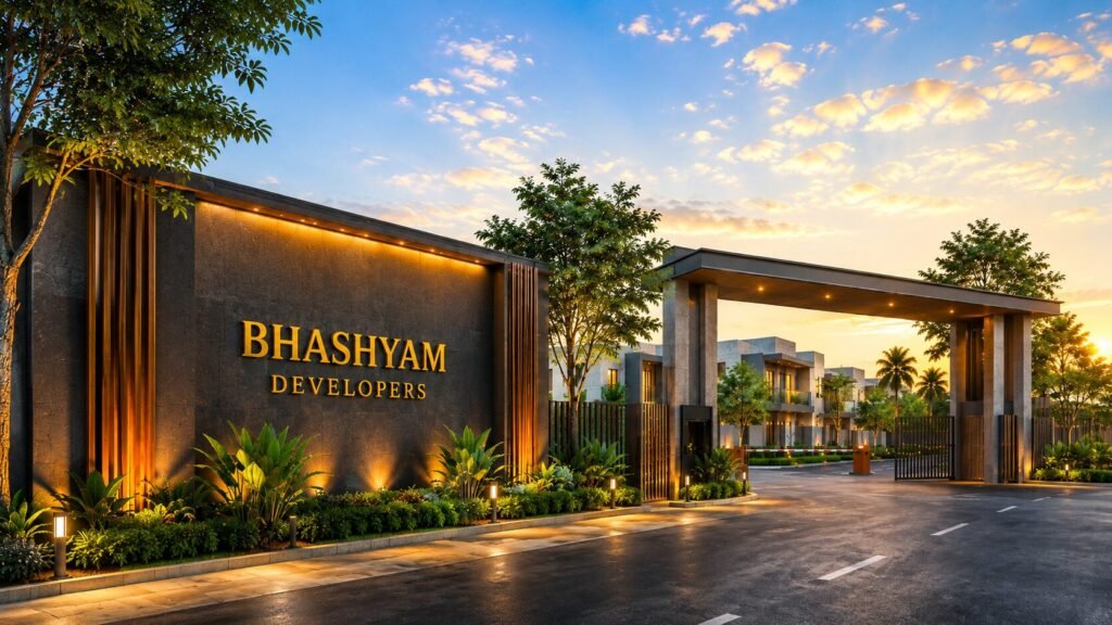 Bhashyam Developers gated community entrance for open plots in Hyderabad