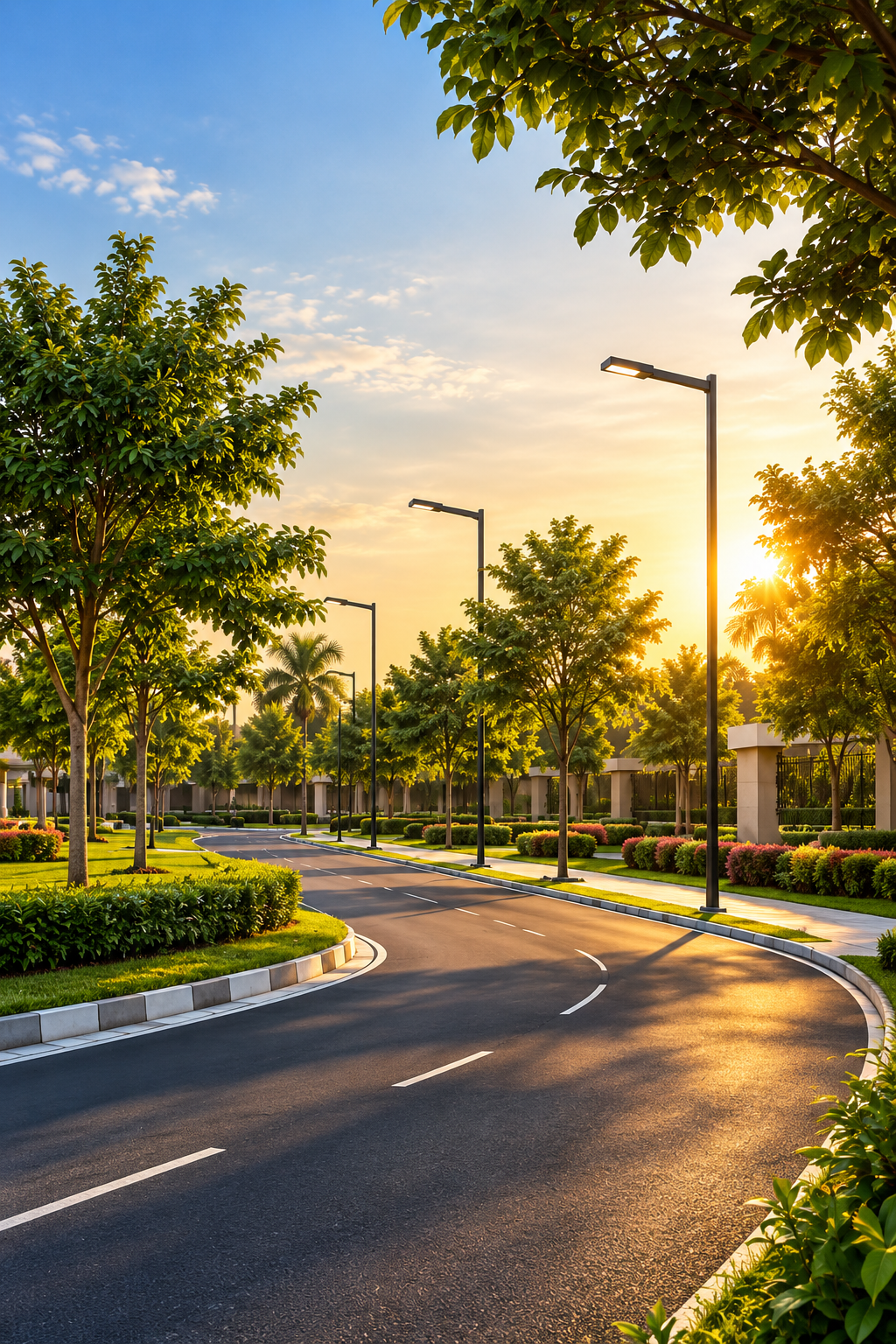 Landscaped road in a planned open villa plot community