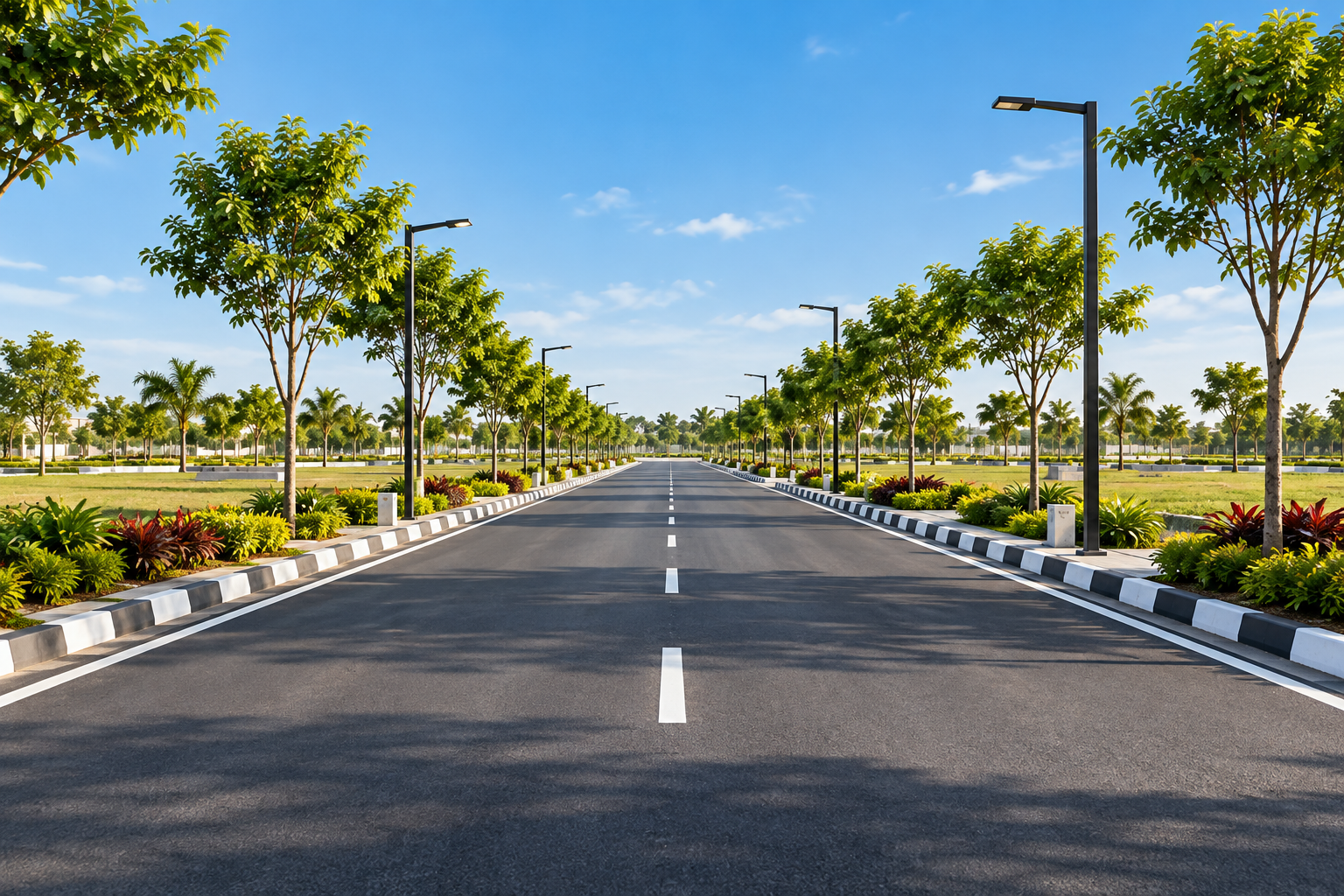 Landscaped roads in a villa plot community